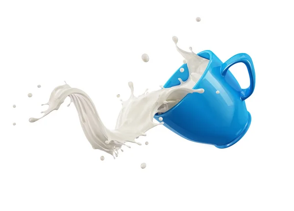 牛乳のスプラッシュ ジャンプ青いコップ マグカップ 白い背景上に分離 クリッピング パスを含める — ストック写真