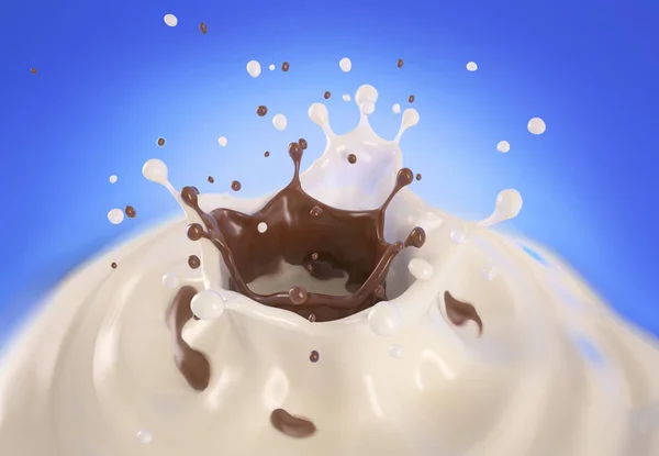 Doppelkrone Spritzer Milch Und Schokolade Verschmelzen Miteinander Auf Blauem Hintergrund — Stockfoto