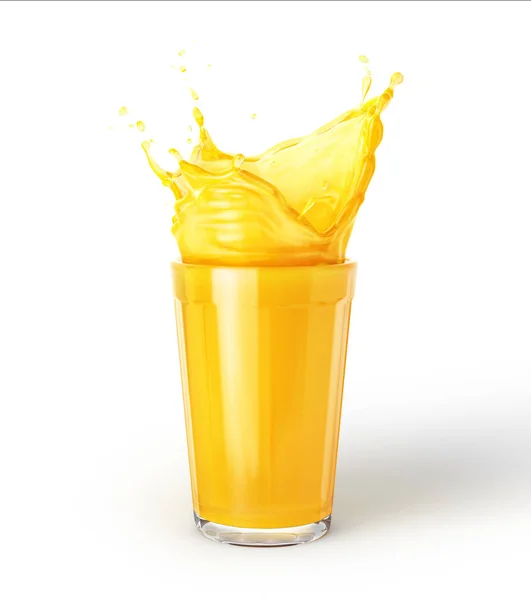 一杯橙汁飞溅 隔离在白色的背景 侧视图 — 图库照片