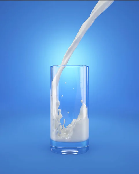 一杯新鲜的牛奶 包括浇注和飞溅 隔离在蓝色背景上 包括裁剪路径 — 图库照片