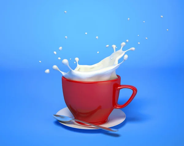 Tazza Rossa Con Spruzzi Latte Con Piattino Cucchiaio Sfondo Blu — Foto Stock