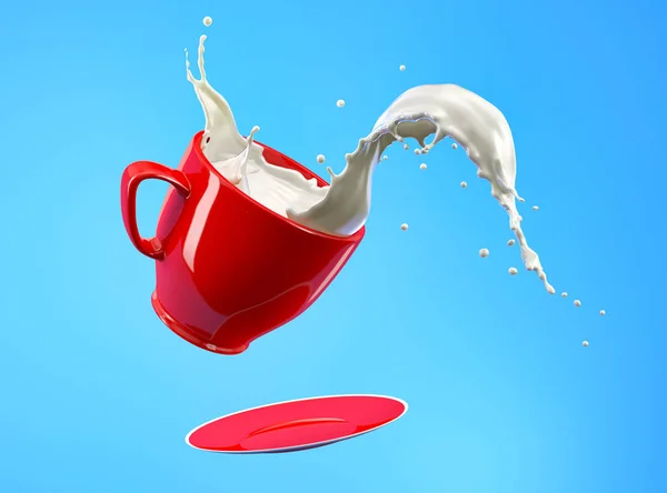 Γάλα Βουτιά Στην Κόκκινη Κούπα Κύπελλο Και Πιατάκι Άλματα Μπλε — Φωτογραφία Αρχείου