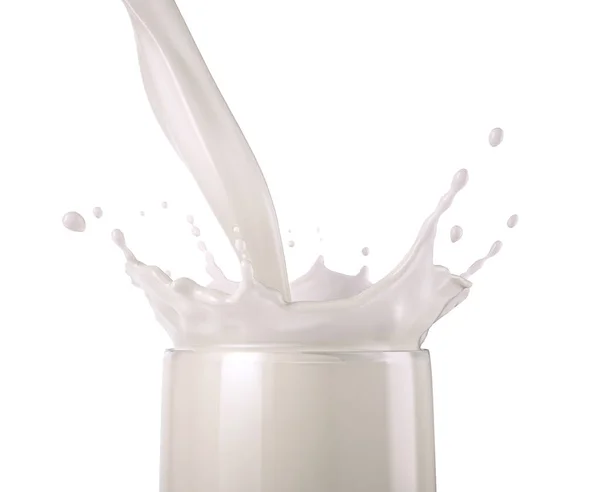 Melk Gieten Een Glas Met Plons Zijaanzicht Dicht Geïsoleerd Witte — Stockfoto