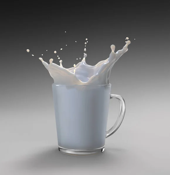 スラッシュ付きの牛乳でいっぱいのガラスマグカップ 白から黒へのグラデーションの背景に クリップパスが含まれています — ストック写真