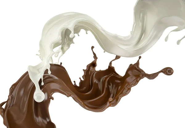 Γάλα Και Σοκολάτα Πιτσιλιές Μπογιάς Πετώντας Στον Αέρα Λευκό Φόντο — Φωτογραφία Αρχείου