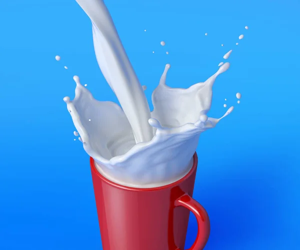 Taza Roja Llena Leche Con Salpicaduras Aislado Sobre Fondo Azul —  Fotos de Stock