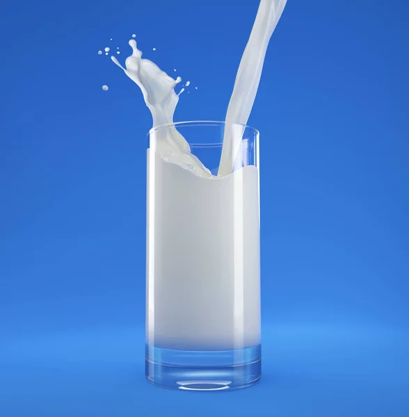 Наливаємо Молоко Склянку Бризкою Вид Зверху Ізольовані Синьому Фоні Відсічний — стокове фото