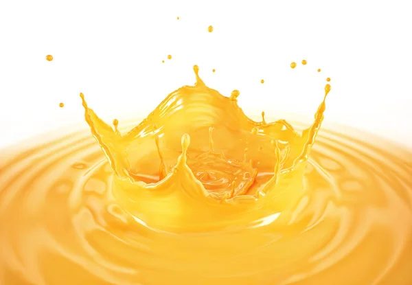 Orange Juice Crown Splash Ripples Bird Eye View White Background — Stock Photo, Image