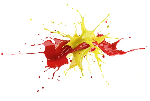 Взрыв Красной Желтой Краски Брызги Друг Друга Изолированный Белом Фоне — стоковое фото