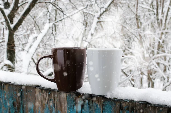 Cozy Winter Still Life Two Cups Hot Coffee Tea Snow — Stock Photo, Image