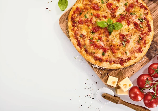 Conceito Receita Para Pizza Margherita Vista Superior Pizza Recém Assada — Fotografia de Stock