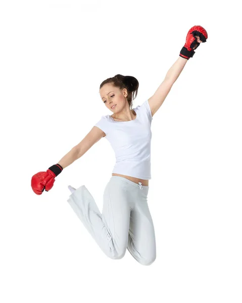 Mujer Joven Deportiva Con Guantes Combate Rojos Sobre Fondo Blanco —  Fotos de Stock