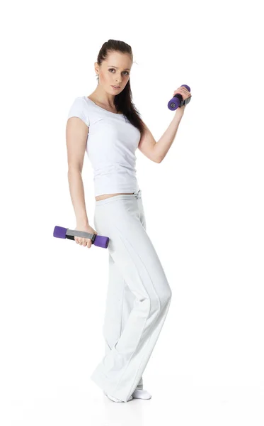 Young Sports Woman Dumbbells White Background Training — Stock Photo, Image