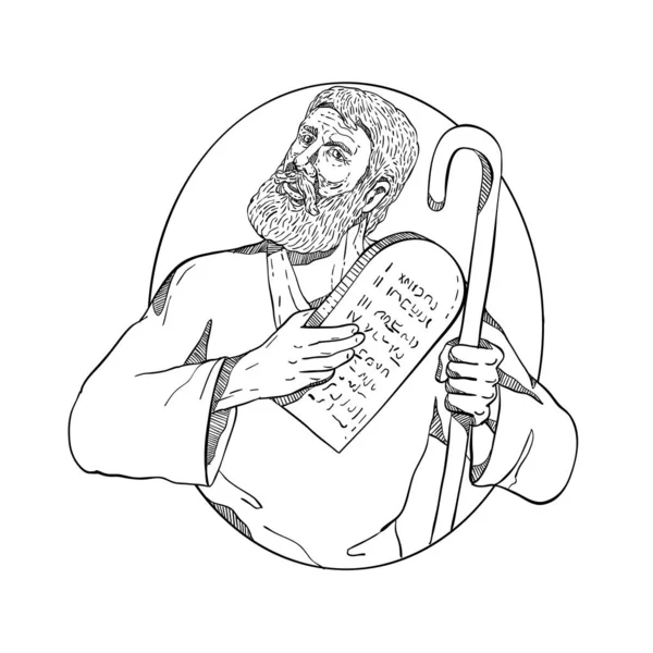 画素描样式例证摩西 先知在亚伯拉罕宗教拿着十戒律石碑和他的职员设置在椭圆形里面在查乃立的白色背景做在黑色和白色 — 图库照片