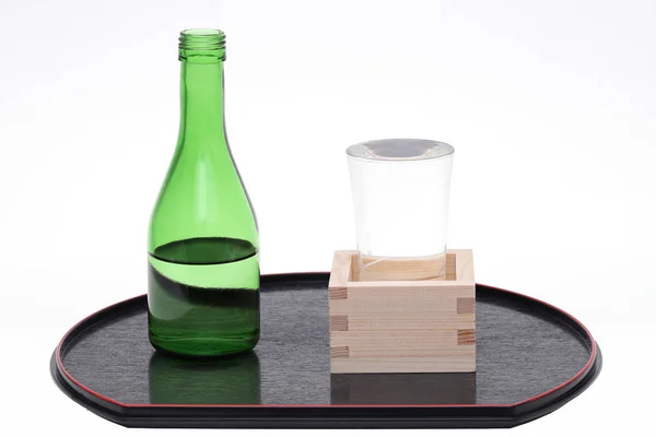 Japanische Holzschachtel Masu Mit Sake Isoliert Auf Weißem Hintergrund — Stockfoto