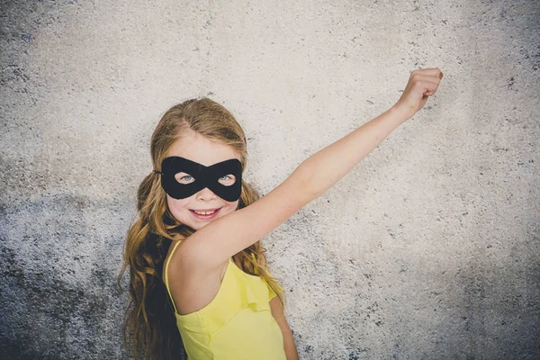 Beautiful Blond Girl Black Superhero Mask Yellow Shirt Posing Front — ストック写真