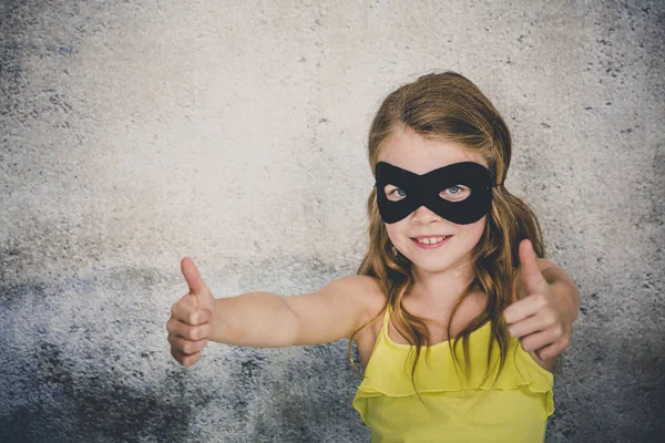 Beautiful Blond Girl Black Superhero Mask Yellow Shirt Posing Front — ストック写真