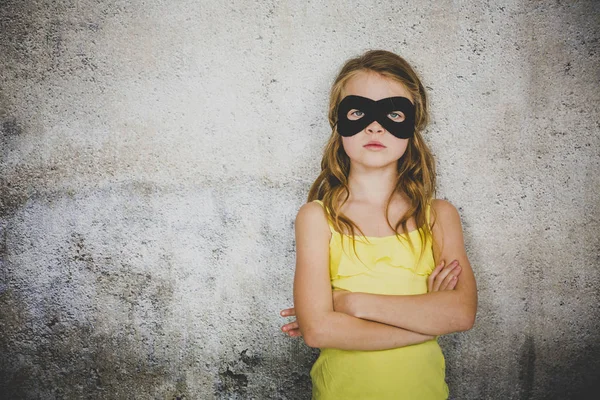 Beautiful Blond Girl Black Superhero Mask Yellow Shirt Posing Front — ストック写真