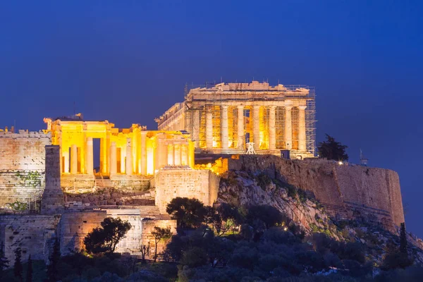 Acropolis Hill Coroado Com Parthenon Durante Hora Azul Noite Atenas — Fotografia de Stock