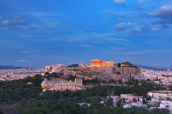 Légifelvételek Akropolisz Hegy Koronázta Parthenon Esti Kék Óra Athén Görögország — Stock Fotó