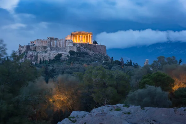 Vista Aérea Monte Acrópole Coroado Com Parthenon Durante Hora Azul — Fotografia de Stock