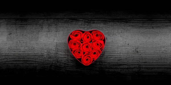 Red Roses Heart Shaped Box Black Wooden Background — Stock Photo, Image