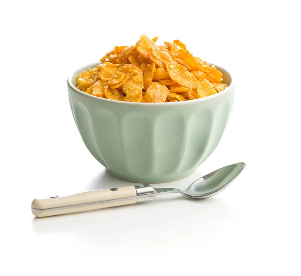 Frühstückszerealien Oder Cornflakes Schüssel Und Löffel Isoliert Auf Weißem Hintergrund — Stockfoto