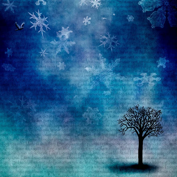 Abstract Composition Winter Mood Snowflakes Leafless Tree Latin Text Background — Stock Photo, Image