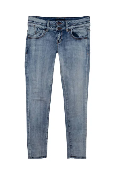 Blauwe Jeans Broek Geïsoleerd Een Witte Achtergrond Trendy Denim Broek — Stockfoto