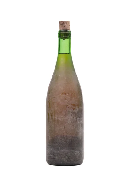 Παλιό Μπουκάλι Κρασί Καλυμμένο Σκόνη Απομονωμένο Λευκό — Φωτογραφία Αρχείου