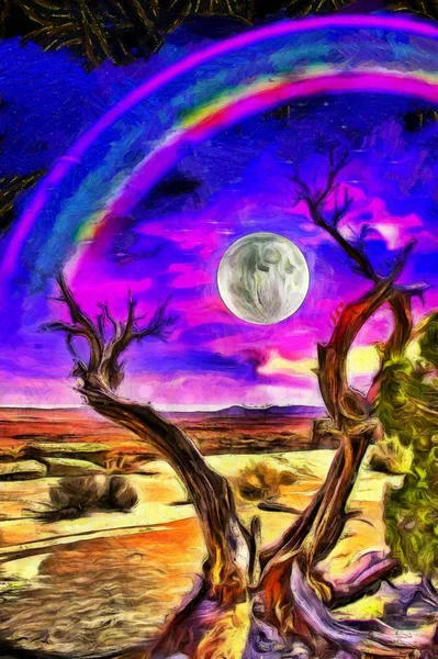 그림이야 나무는 바위가 보랏빛 보름달 무지개 — 스톡 사진