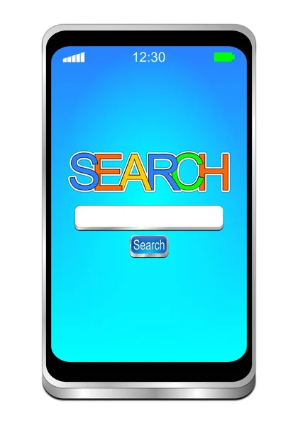 智能手机与互联网网络搜索引擎在蓝色桌面 — 图库照片