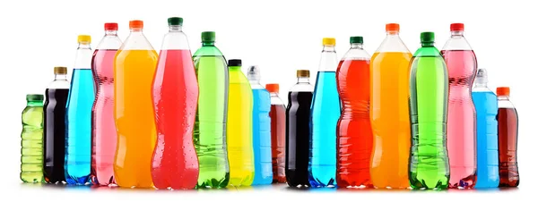 Plastic Bottles Assorted Carbonated Soft Drinks White Background — Stock Photo, Image