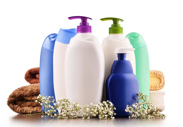 Botellas Plástico Para Cuidado Corporal Productos Belleza Aislados Blanco —  Fotos de Stock