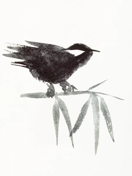 Utbildning Ritning Sumi Suibokuga Stil Med Akvarell Färger Sparv Fågel — Stockfoto