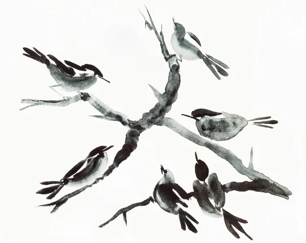 Szkolenia Rysunek Sumi Suibokuga Styl Akwareli Ptaki Drzewa Ręcznie Rysowane — Zdjęcie stockowe