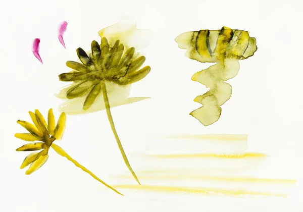 Utbildning Ritning Sumi Suibokuga Stil Med Akvarell Färger Skiss Blommor — Stockfoto