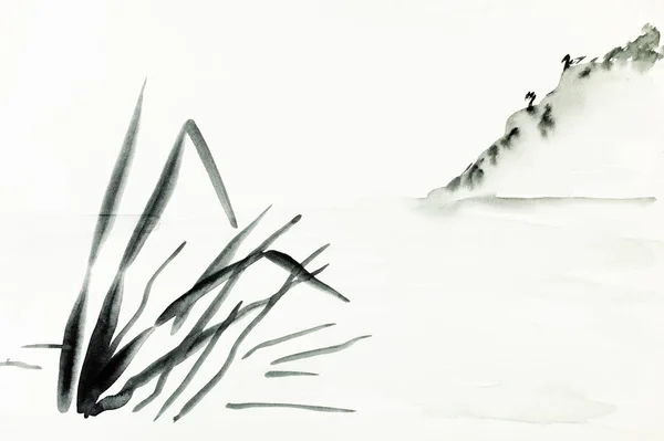 Rajz Akvarell Festék Nézd Parton Hegy Lejtőjén Sumi Suibokuga Stílusosan — Stock Fotó