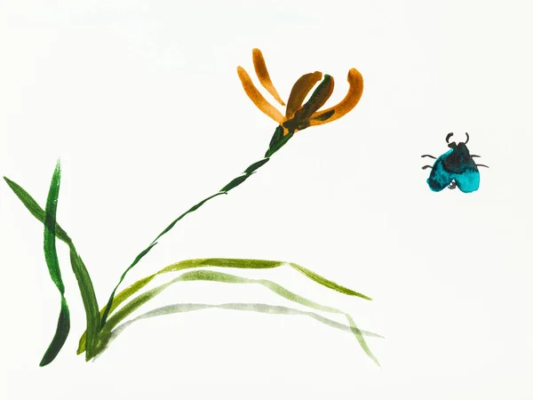 Навчальний Малюнок Стилі Сумі Суїбокуга Акварельними Фарбами Квітка Жука Райдужки — стокове фото