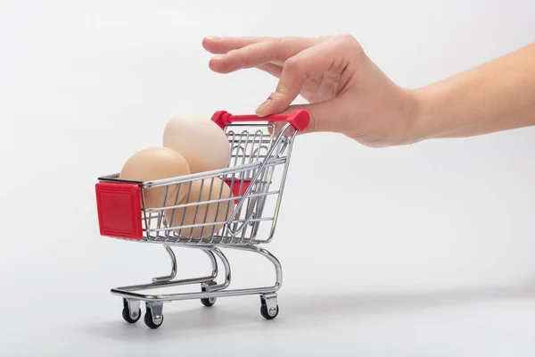 買い手は鶏の卵とミニチュア食料品のカートを押す — ストック写真