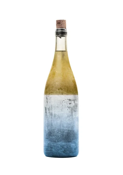 Oude Fles Vloeistof Geel Blauw Bedekt Met Stof Geïsoleerd Wit — Stockfoto