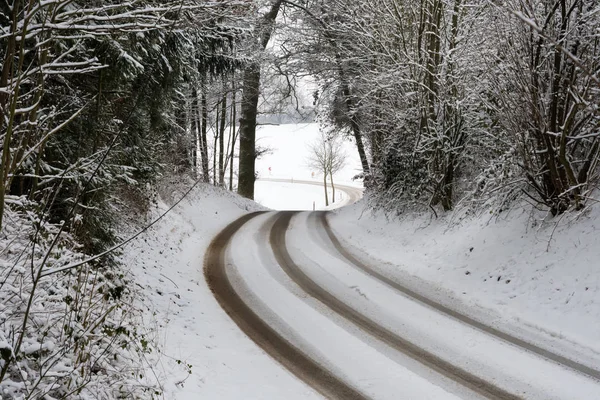 Camino Con Árboles Nieve Baviera Alemania Invierno —  Fotos de Stock