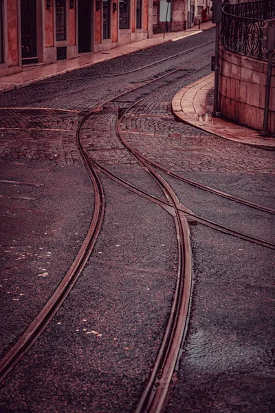 Trilhas Eléctrico Numa Rua Lisboa Detalhe Uma Rota Transportes Públicos — Fotografia de Stock