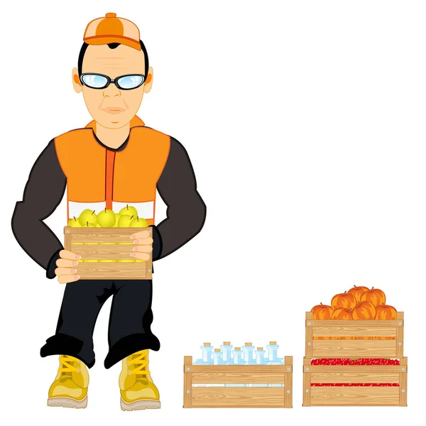 Vector Illustration Men Worker Unloading Boxes Fruit — Stock Photo, Image