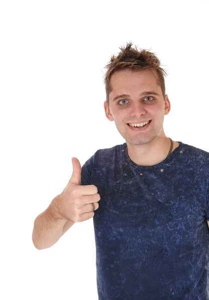 Una Imagen Joven Feliz Sonriendo Mostrando Golpe Hacia Arriba Acuerdo — Foto de Stock