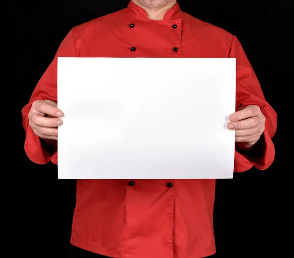 Chef Uniforme Rouge Tenant Une Feuille Papier Blanc Vierge Sur — Photo