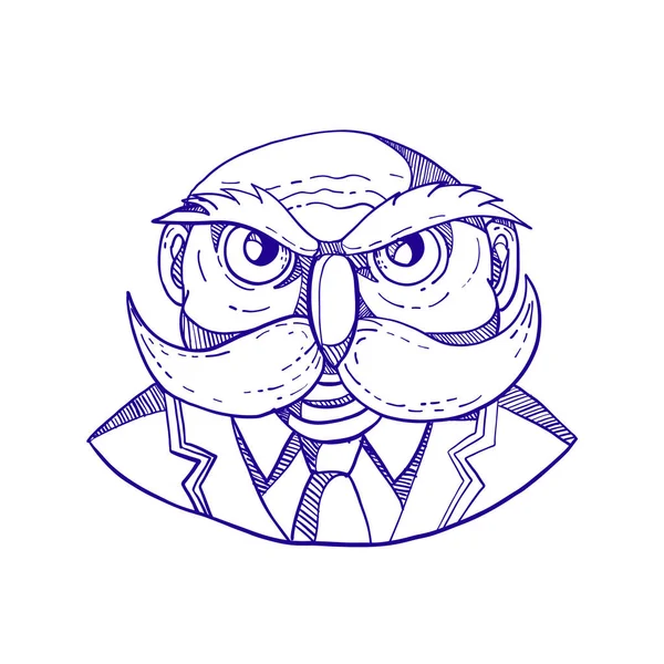 涂鸦艺术插图一个愤怒的老秃头男子 看起来像一猫头鹰与胡子穿着外套和领带从前面做的漫画风格 — 图库照片