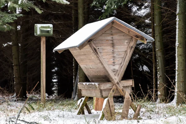 Alimentador Uma Floresta Inverno Com Neve Baviera Alemanha — Fotografia de Stock