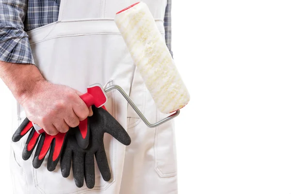House Painter Worker White Work Overalls Keeps Roller Paint His — Stock Photo, Image