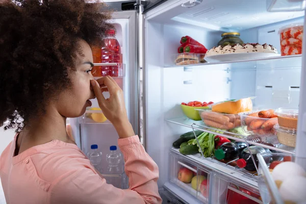 Seitenansicht Einer Jungen Frau Die Üble Gerüche Aus Dem Kühlschrank — Stockfoto